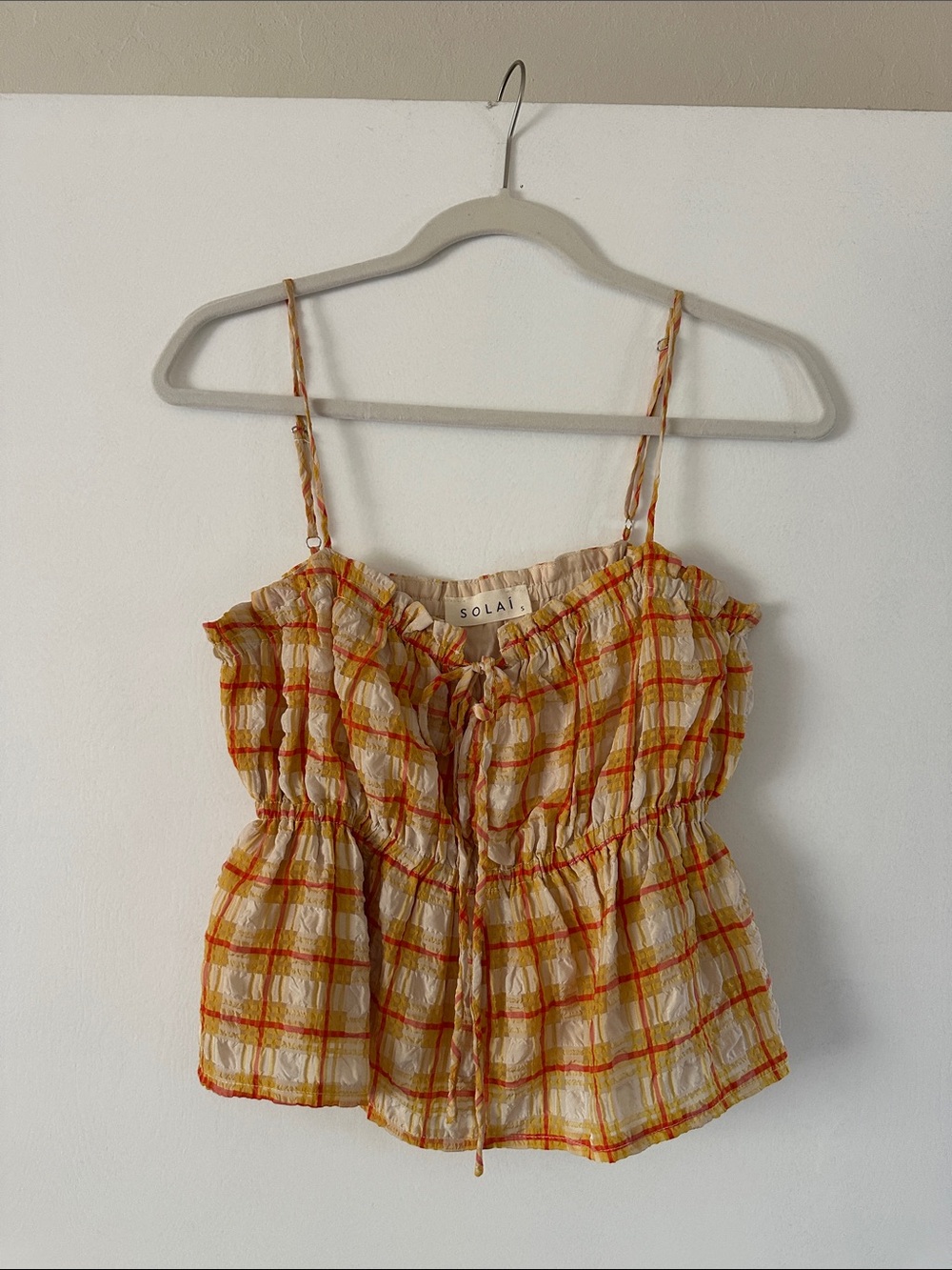 Solaí Yellow Plaid Tie-Front Spaghetti Strap Tank